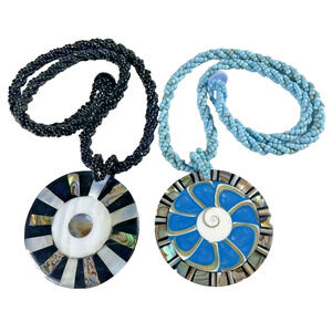 Artisan Handmade Beaded Medallion Pendant Rope Necklace x2 Black Turquoise Blue